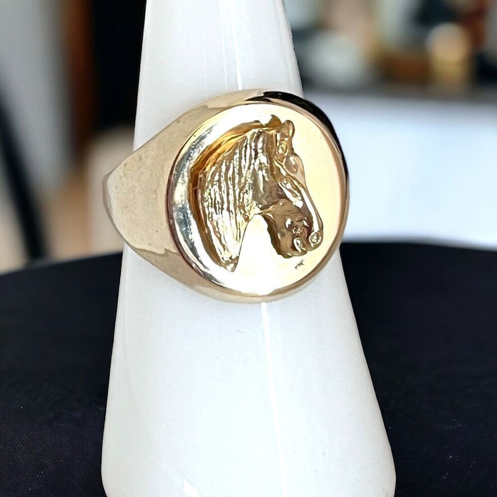 Vintage 1980s Horse Head Signet Ring Gold Tone Adjustable Equestrian - 2D - Picture 2 of 7